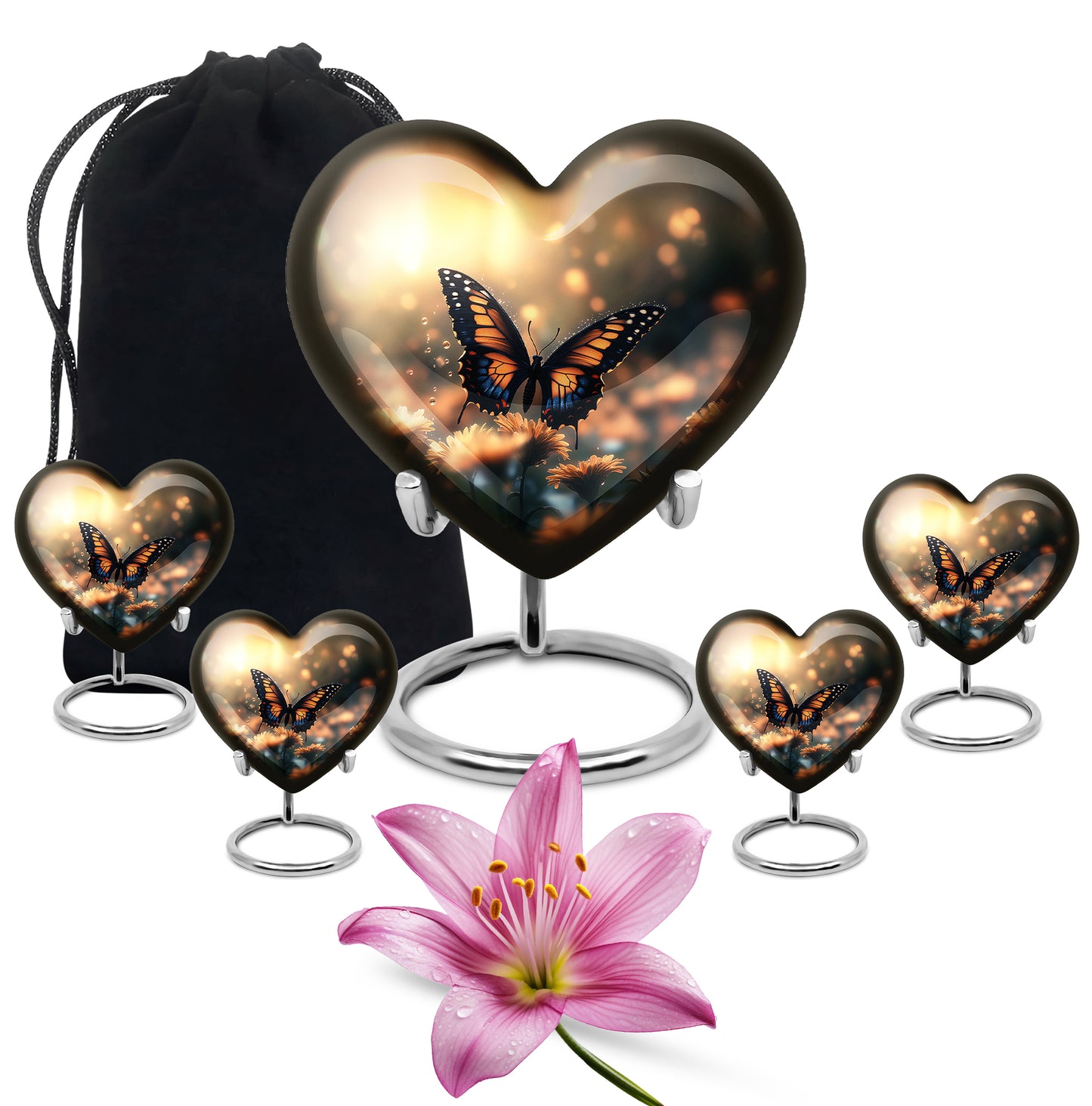 Burnished Gold Butterfly Cremation Urn close-up of engraving and surface detail - compassionate heart-butterfly combination with gentle curves - memorial set with one large and four small urns