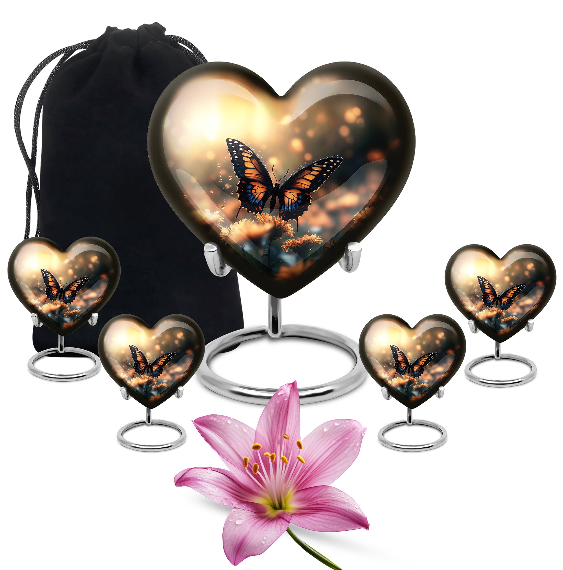 Burnished Gold Butterfly Cremation Urn close-up of engraving and surface detail - compassionate heart-butterfly combination with gentle curves - memorial set with one large and four small urns