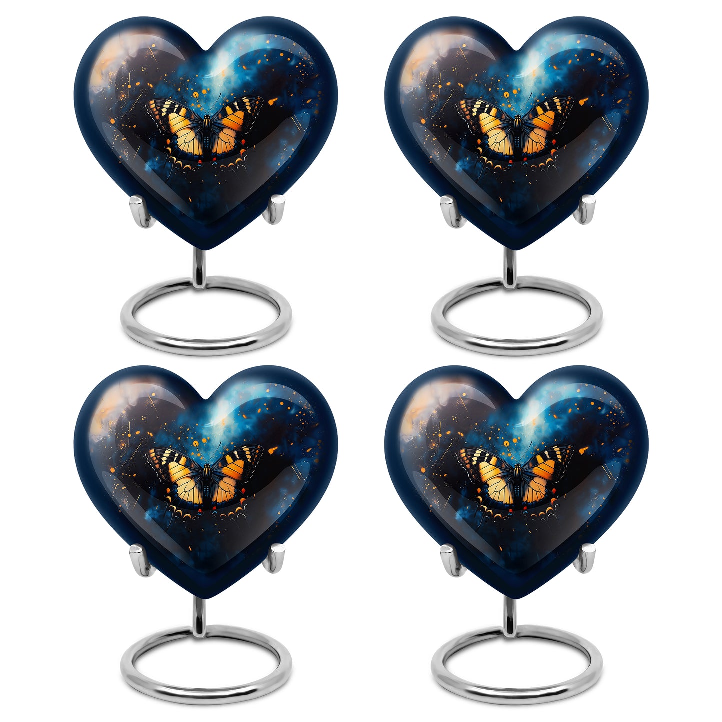 Celestial Blue Butterfly Cremation Urn angled view of lid and engraved motif - heart-shaped butterfly design symbolizing eternal love - 10 inch aluminum urn for cremated remains