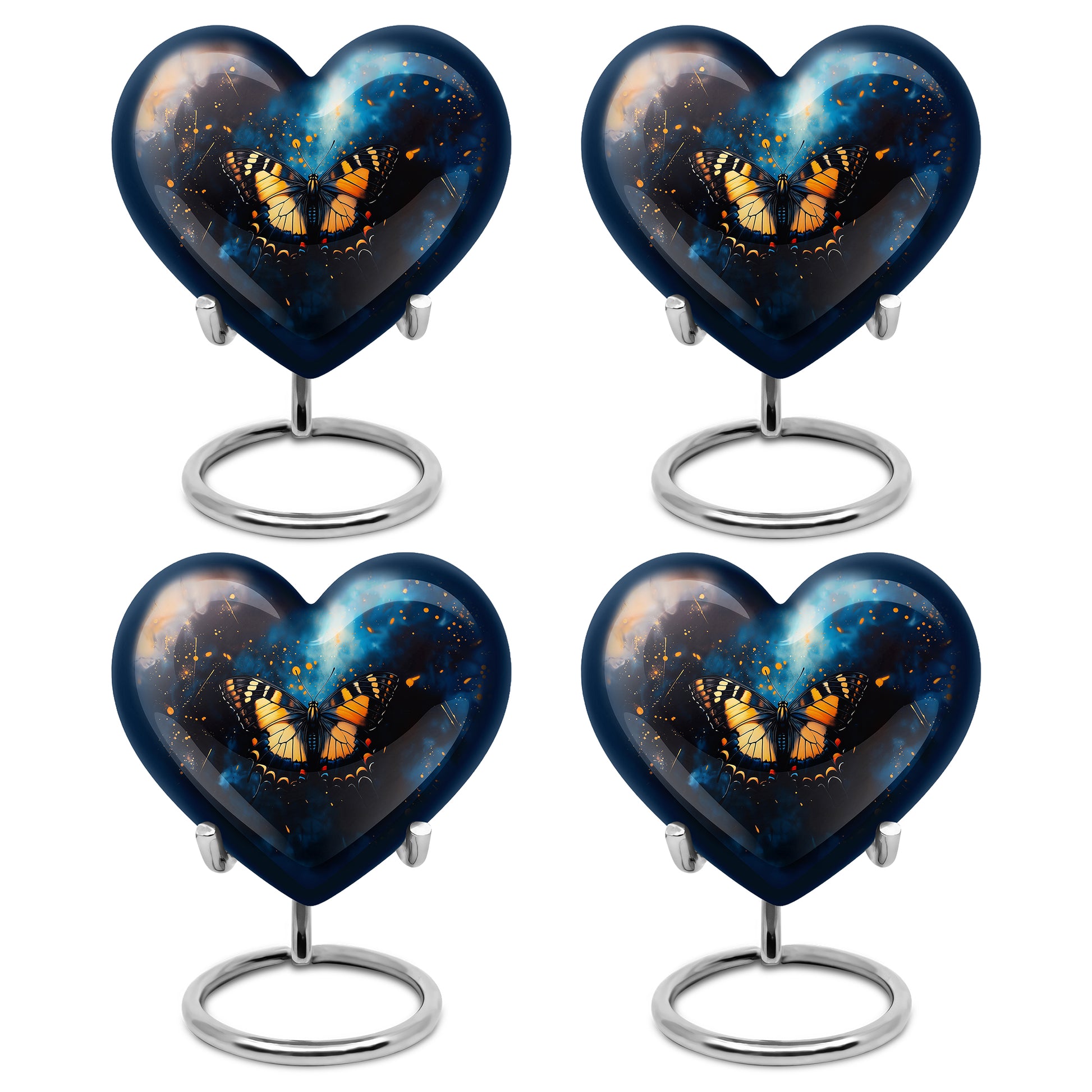 Celestial Blue Butterfly Cremation Urn angled view of lid and engraved motif - heart-shaped butterfly design symbolizing eternal love - 10 inch aluminum urn for cremated remains
