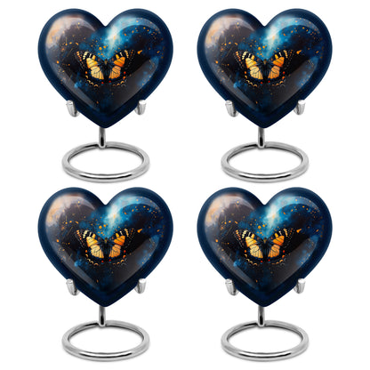 Celestial Blue Butterfly Cremation Urn angled view of lid and engraved motif - heart-shaped butterfly design symbolizing eternal love - 10 inch aluminum urn for cremated remains