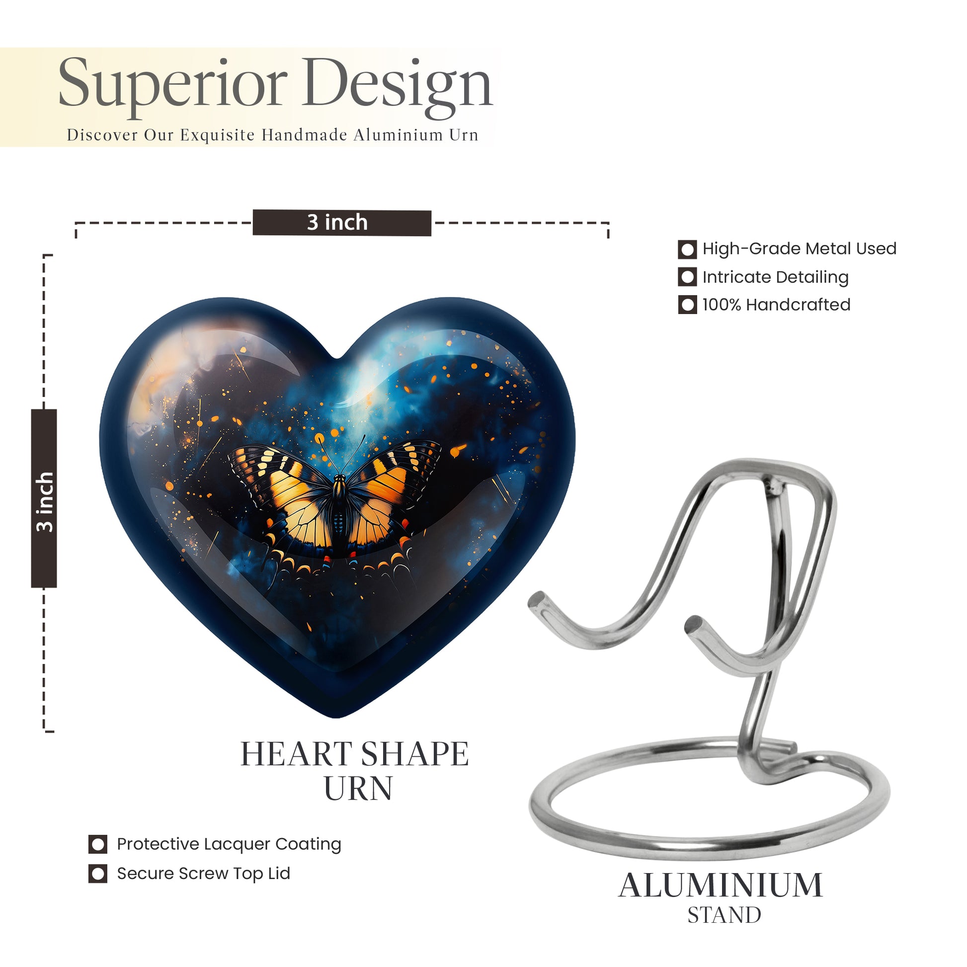 Indigo Butterfly Cremation Urn front view showing detailed design - heart-shaped butterfly design symbolizing eternal love - mini keepsake memorial for portion of cremation ashes