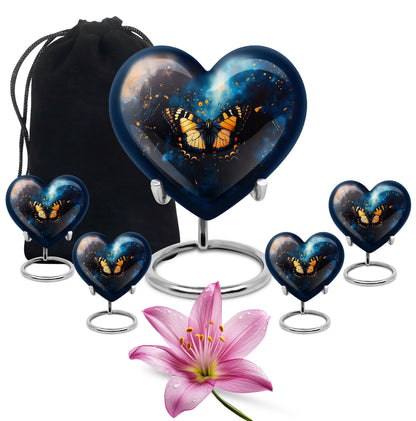 Sapphire Blue Butterfly Cremation Urn close-up of engraving and surface detail - compassionate heart-butterfly combination with gentle curves - memorial set with one large and four small urns