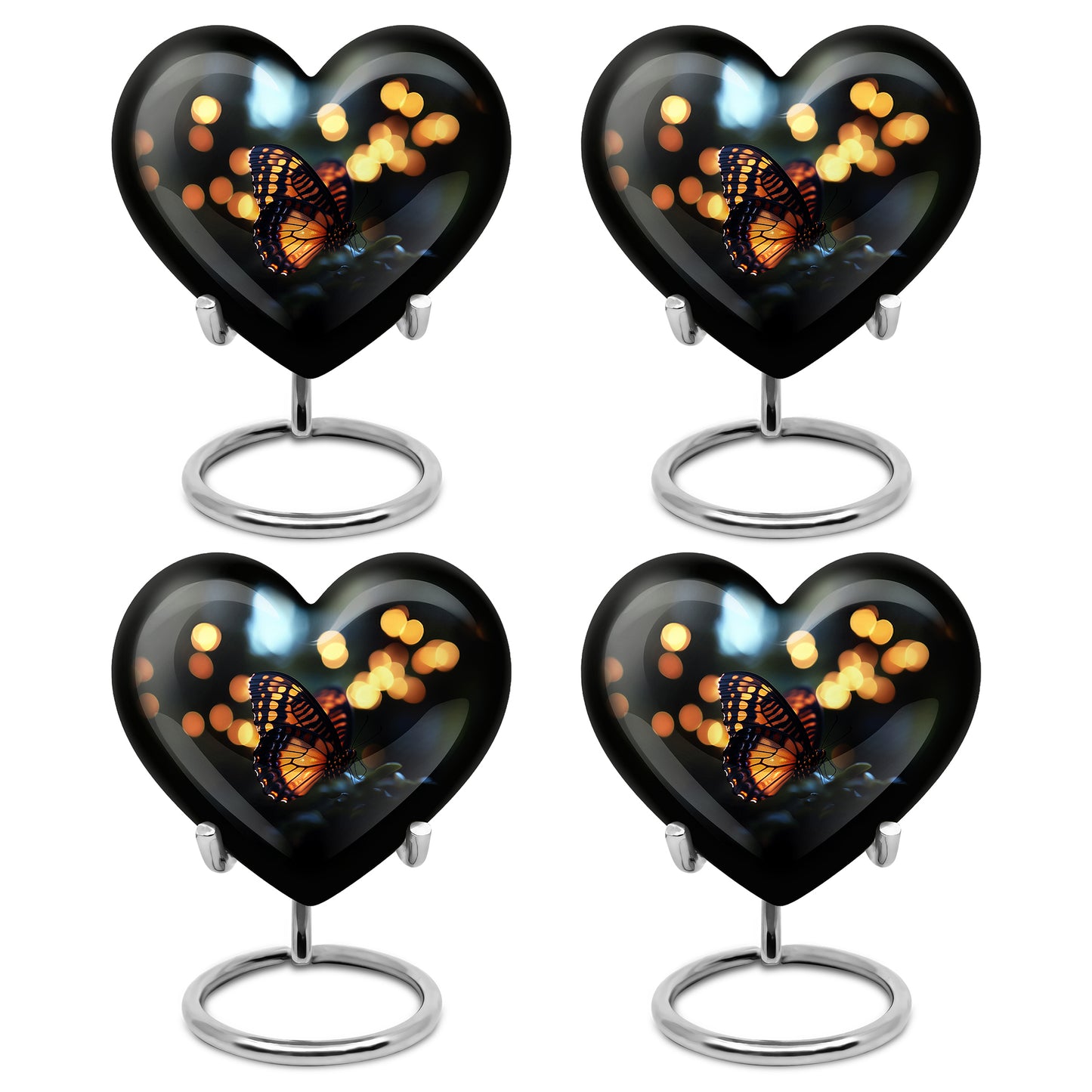 Rich Black Butterfly Cremation Urn angled view of lid and engraved motif - loving heart memorial featuring butterfly pattern - 10 inch aluminum urn for cremated remains