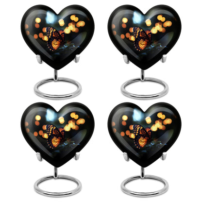 Rich Black Butterfly Cremation Urn angled view of lid and engraved motif - loving heart memorial featuring butterfly pattern - 10 inch aluminum urn for cremated remains