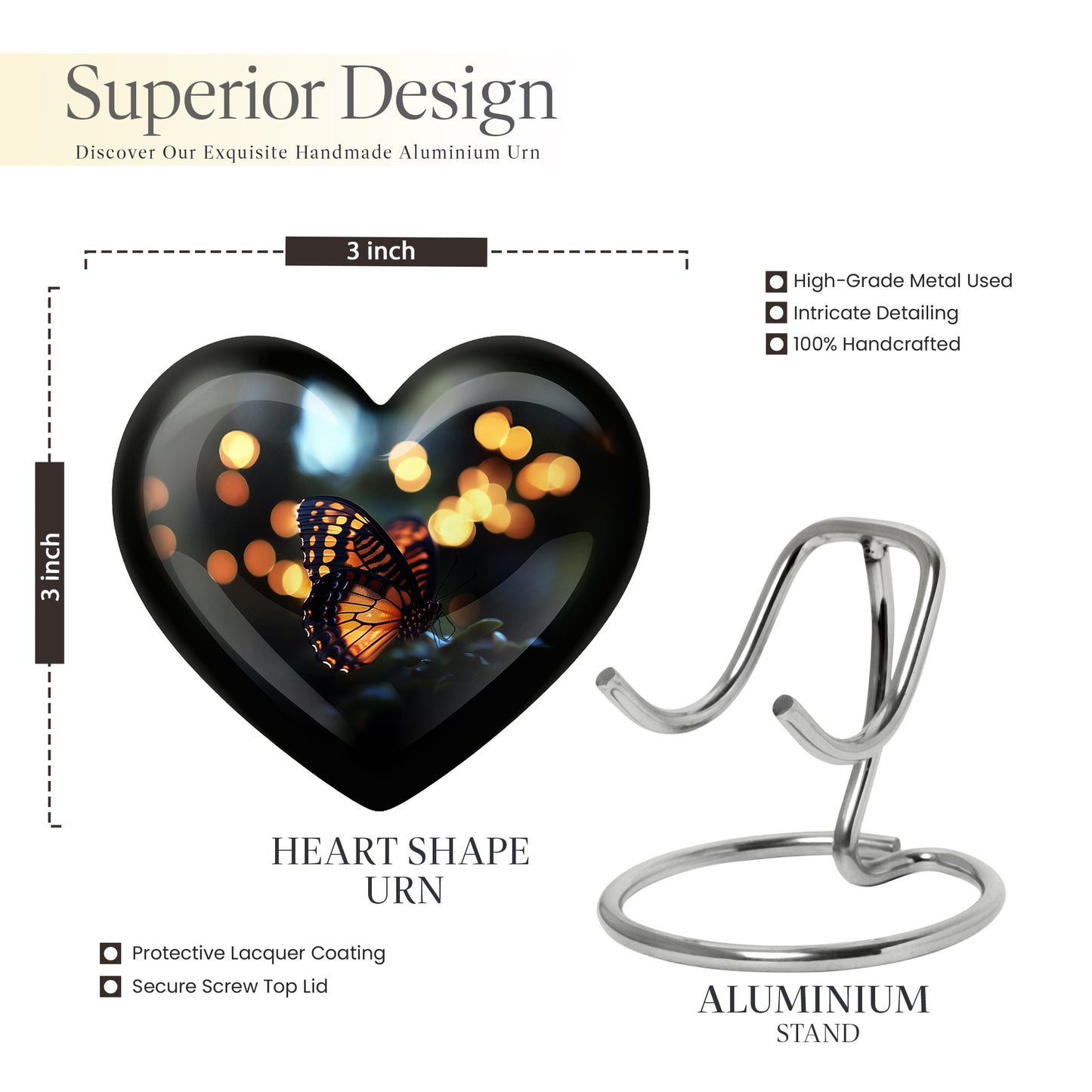 Dark Black Butterfly Cremation Urn front view showing detailed design - romantic heart urn with butterfly motif on aluminum - mini keepsake memorial for portion of cremation ashes