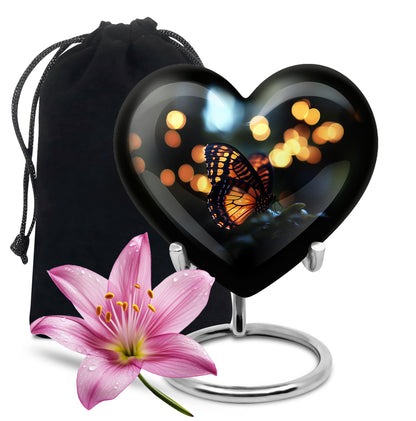 Jet Black Butterfly Cremation Urn detail view - loving heart memorial featuring butterfly pattern - full-size 10 inch 200 cubic inch adult cremation urn