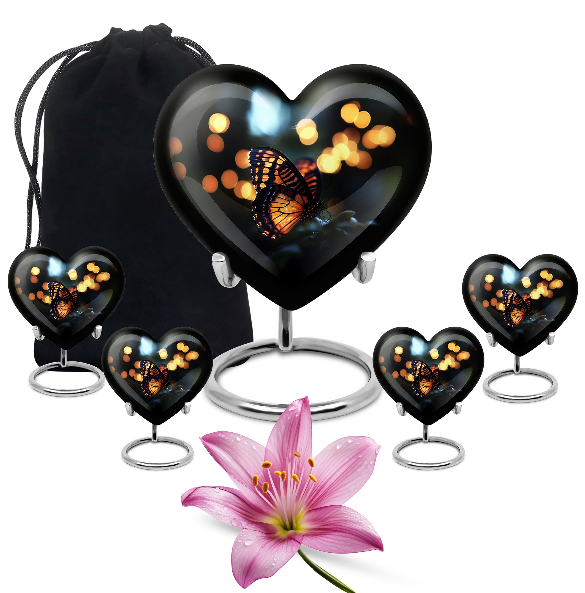 Charcoal Black Butterfly Cremation Urn close-up of engraving and surface detail - romantic heart urn with butterfly motif on aluminum - memorial set with one large and four small urns
