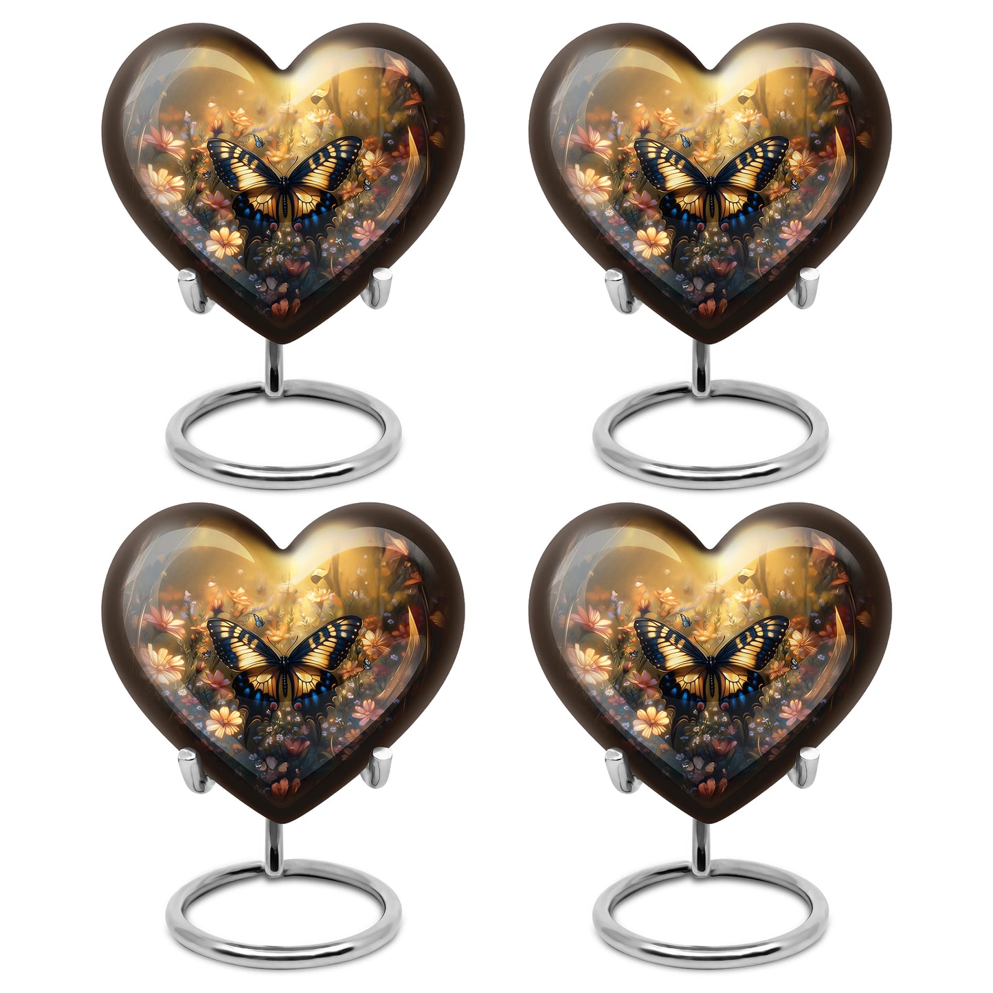 Sunrise Gold Butterfly Cremation Urn angled view of lid and engraved motif - heart-shaped butterfly design symbolizing eternal love - 10 inch aluminum urn for cremated remains
