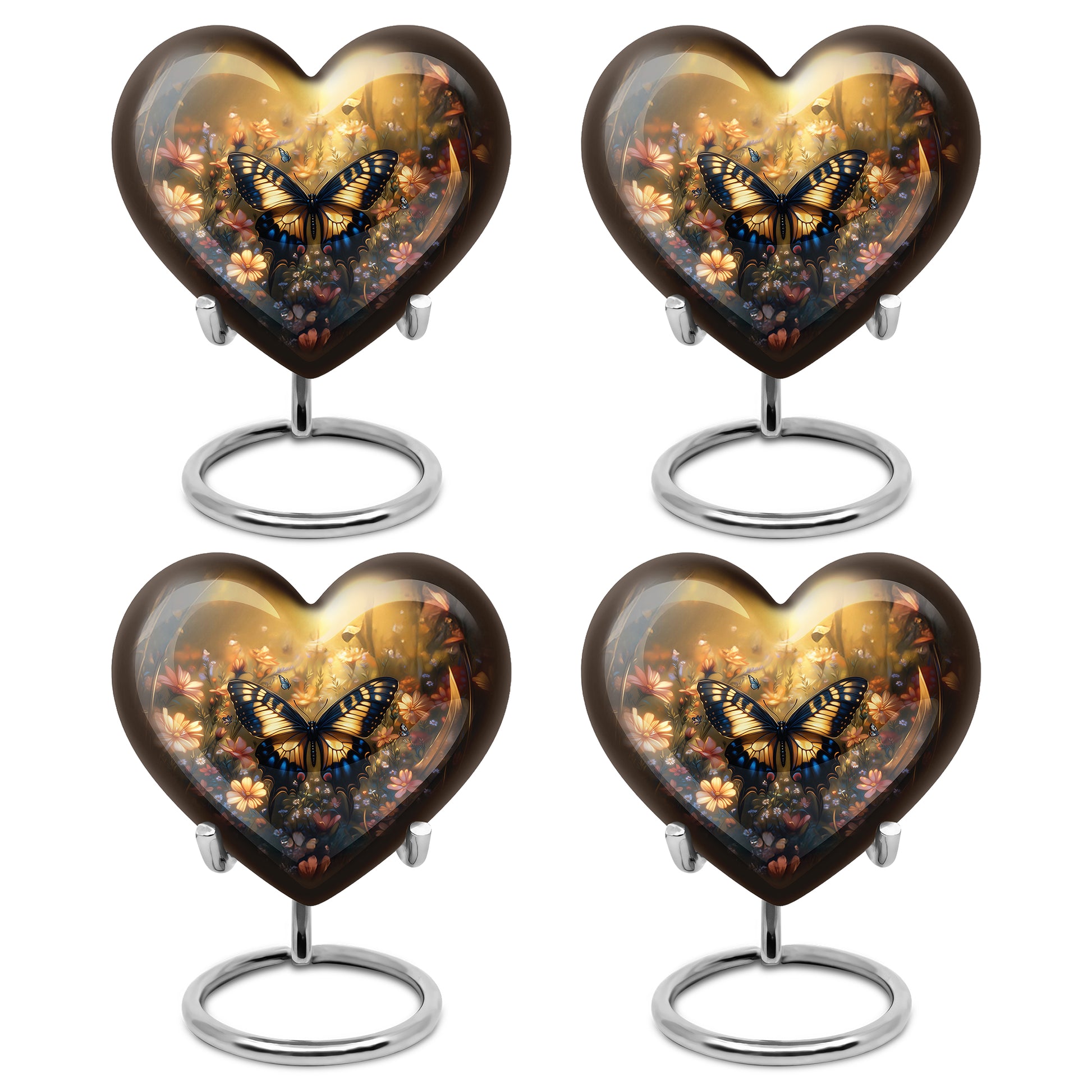 Sunrise Gold Butterfly Cremation Urn angled view of lid and engraved motif - heart-shaped butterfly design symbolizing eternal love - 10 inch aluminum urn for cremated remains