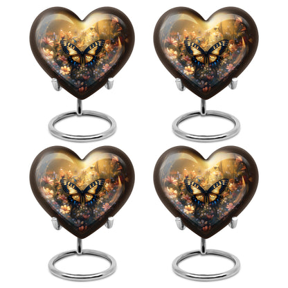 Sunrise Gold Butterfly Cremation Urn angled view of lid and engraved motif - heart-shaped butterfly design symbolizing eternal love - 10 inch aluminum urn for cremated remains