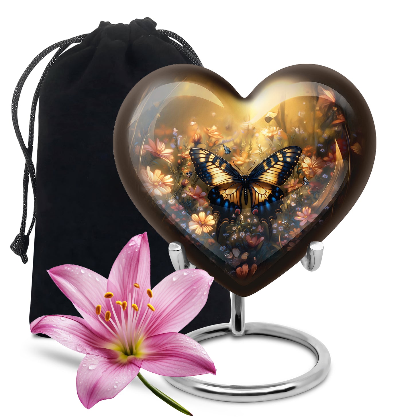 Warm Gold Butterfly Cremation Urn detail view - romantic heart urn with butterfly motif on aluminum - full-size 10 inch 200 cubic inch adult cremation urn