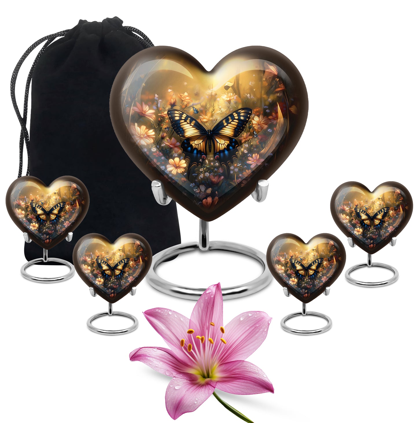 Sunrise Gold Butterfly Cremation Urn close-up of engraving and surface detail - heart-shaped butterfly design symbolizing eternal love - memorial set with one large and four small urns