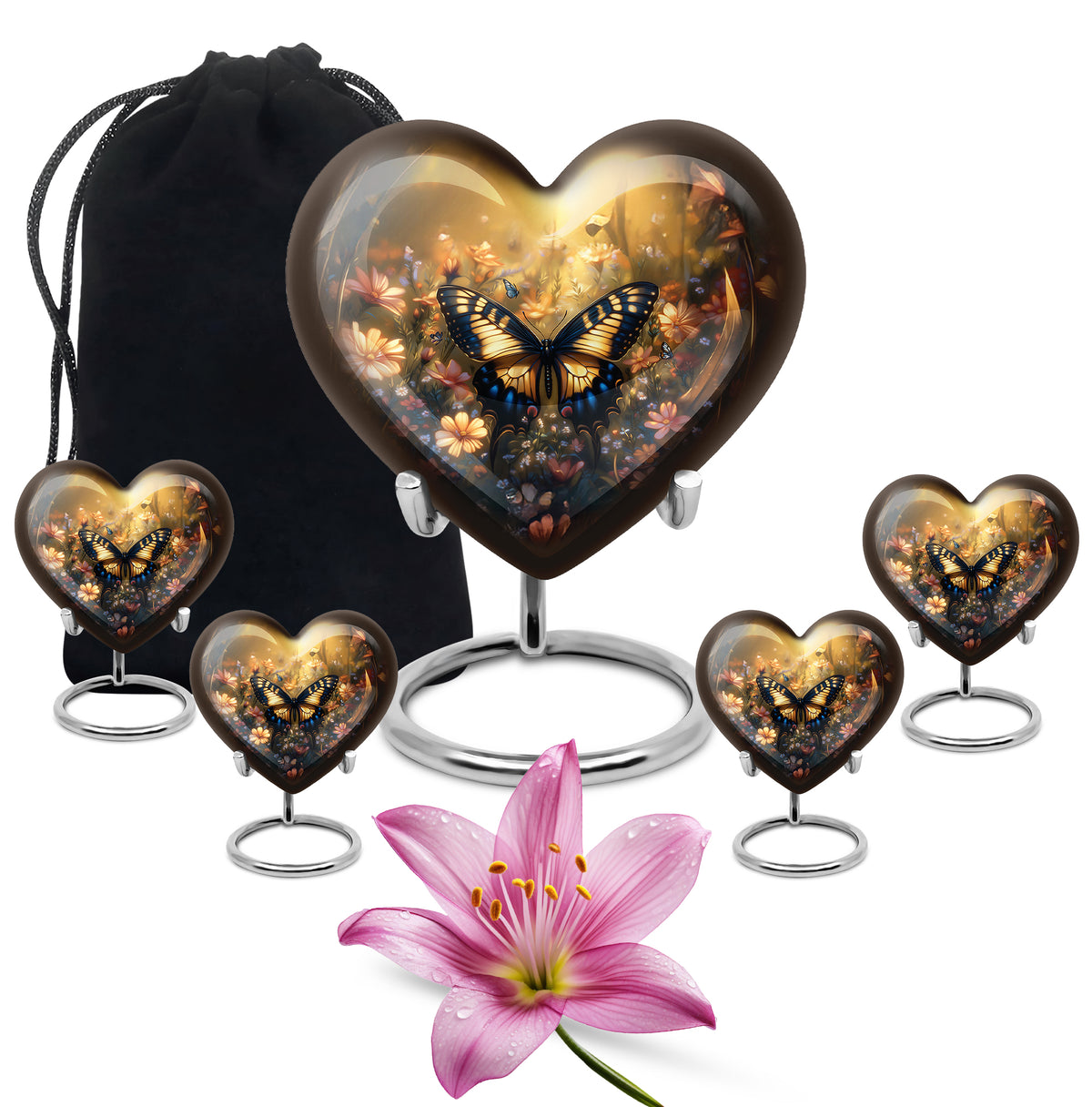 Sunrise Gold Butterfly Cremation Urn close-up of engraving and surface detail - heart-shaped butterfly design symbolizing eternal love - memorial set with one large and four small urns