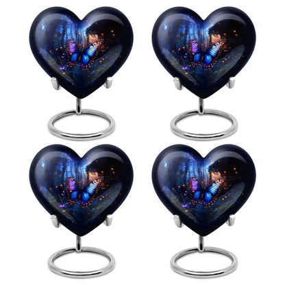 Cornflower Blue Butterfly Cremation Urn angled view of lid and engraved motif - compassionate heart-butterfly combination with gentle curves - 10 inch aluminum urn for cremated remains