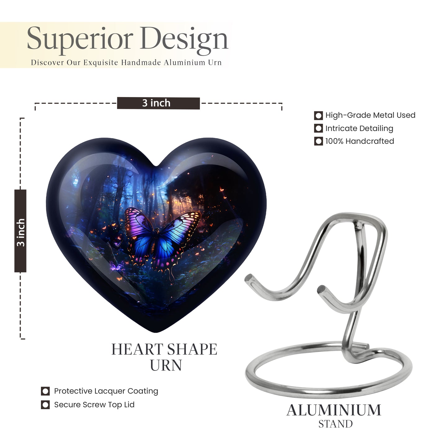 Celestial Blue Butterfly Cremation Urn front view showing detailed design - loving heart memorial featuring butterfly pattern - mini keepsake memorial for portion of cremation ashes