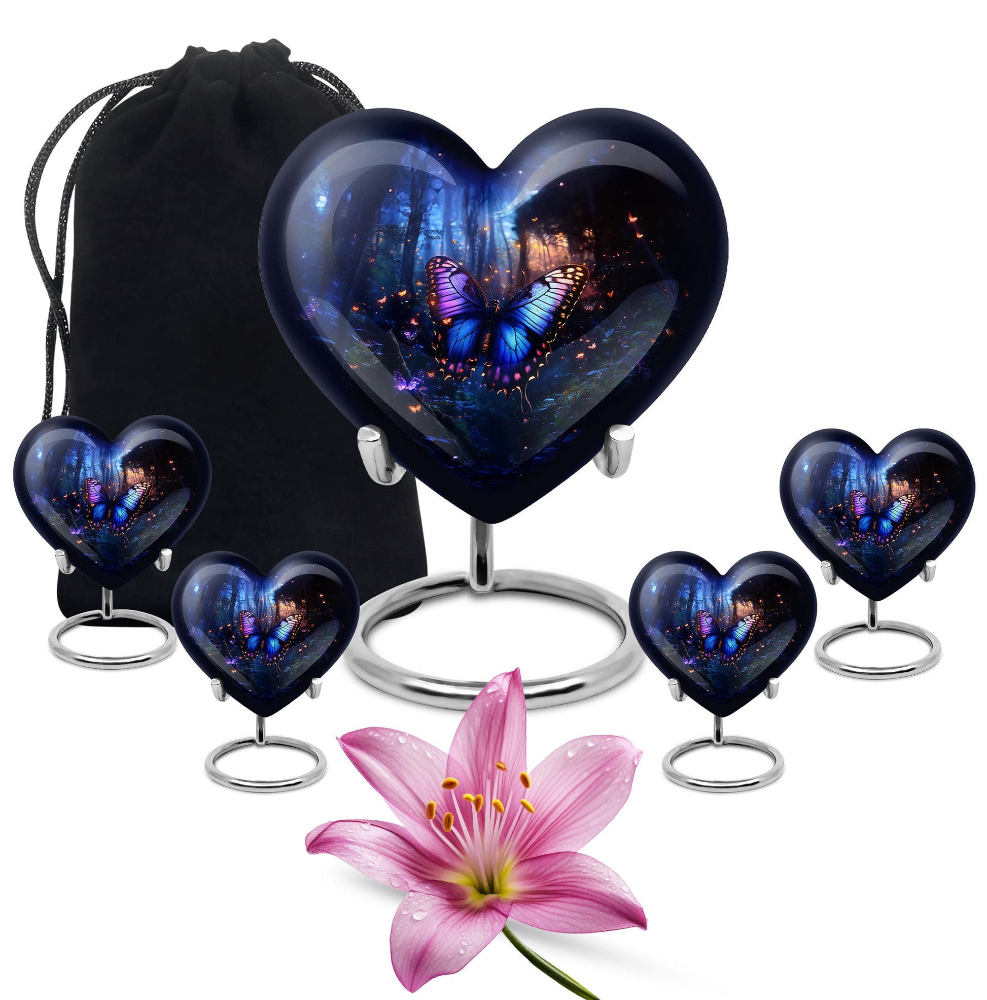 Steel Blue Butterfly Cremation Urn close-up of engraving and surface detail - romantic heart urn with butterfly motif on aluminum - memorial set with one large and four small urns