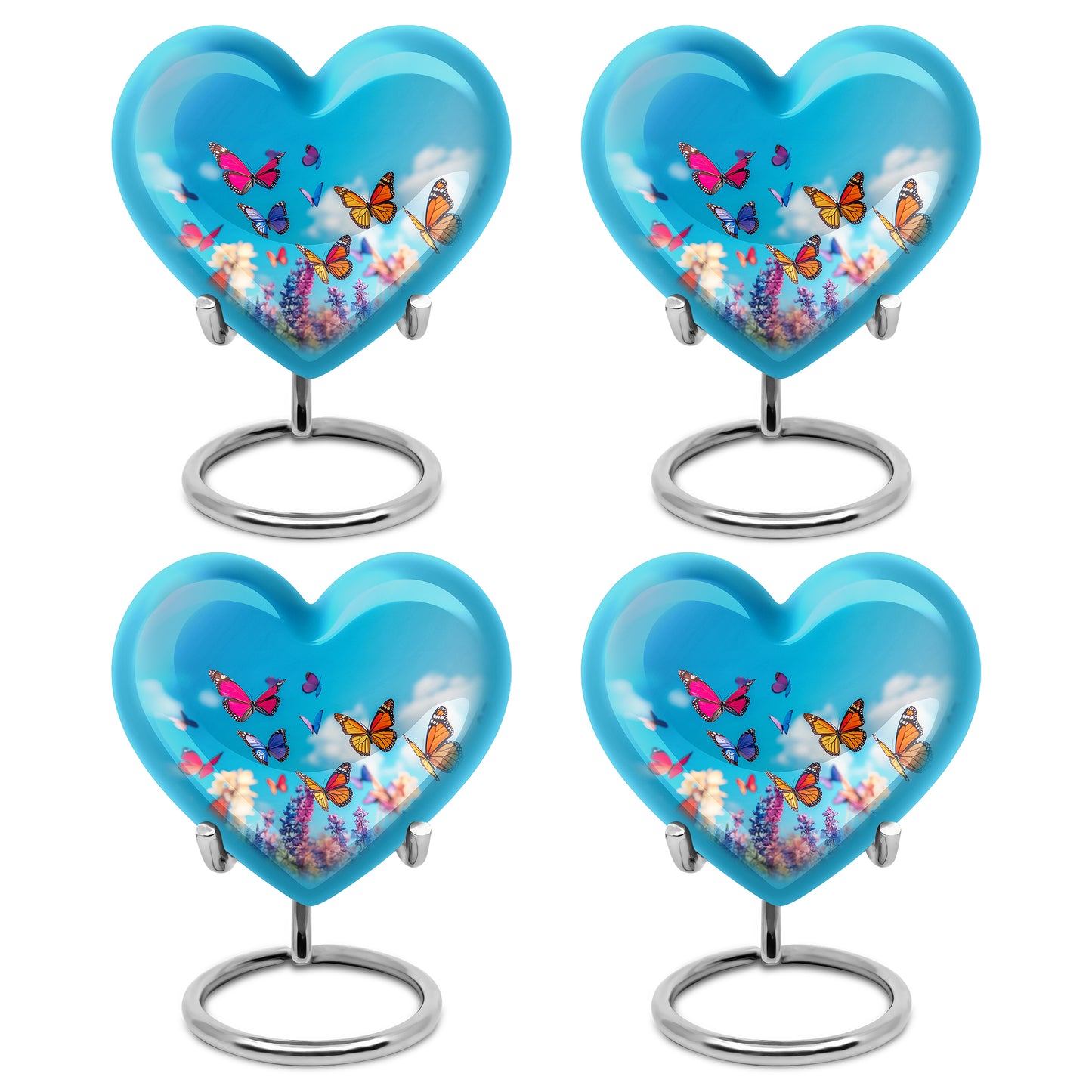 Sapphire Blue Butterfly Cremation Urn angled view of lid and engraved motif - romantic heart urn with butterfly motif on aluminum - 10 inch aluminum urn for cremated remains