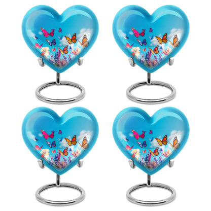 Sapphire Blue Butterfly Cremation Urn angled view of lid and engraved motif - romantic heart urn with butterfly motif on aluminum - 10 inch aluminum urn for cremated remains