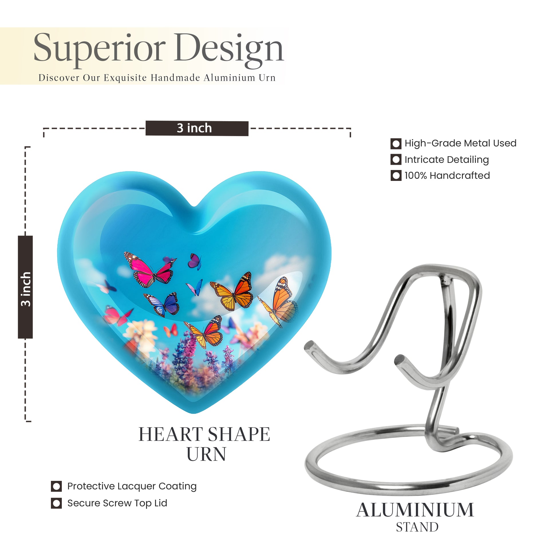 Sky Blue Butterfly Cremation Urn front view showing detailed design - heart-shaped butterfly design symbolizing eternal love - mini keepsake memorial for portion of cremation ashes