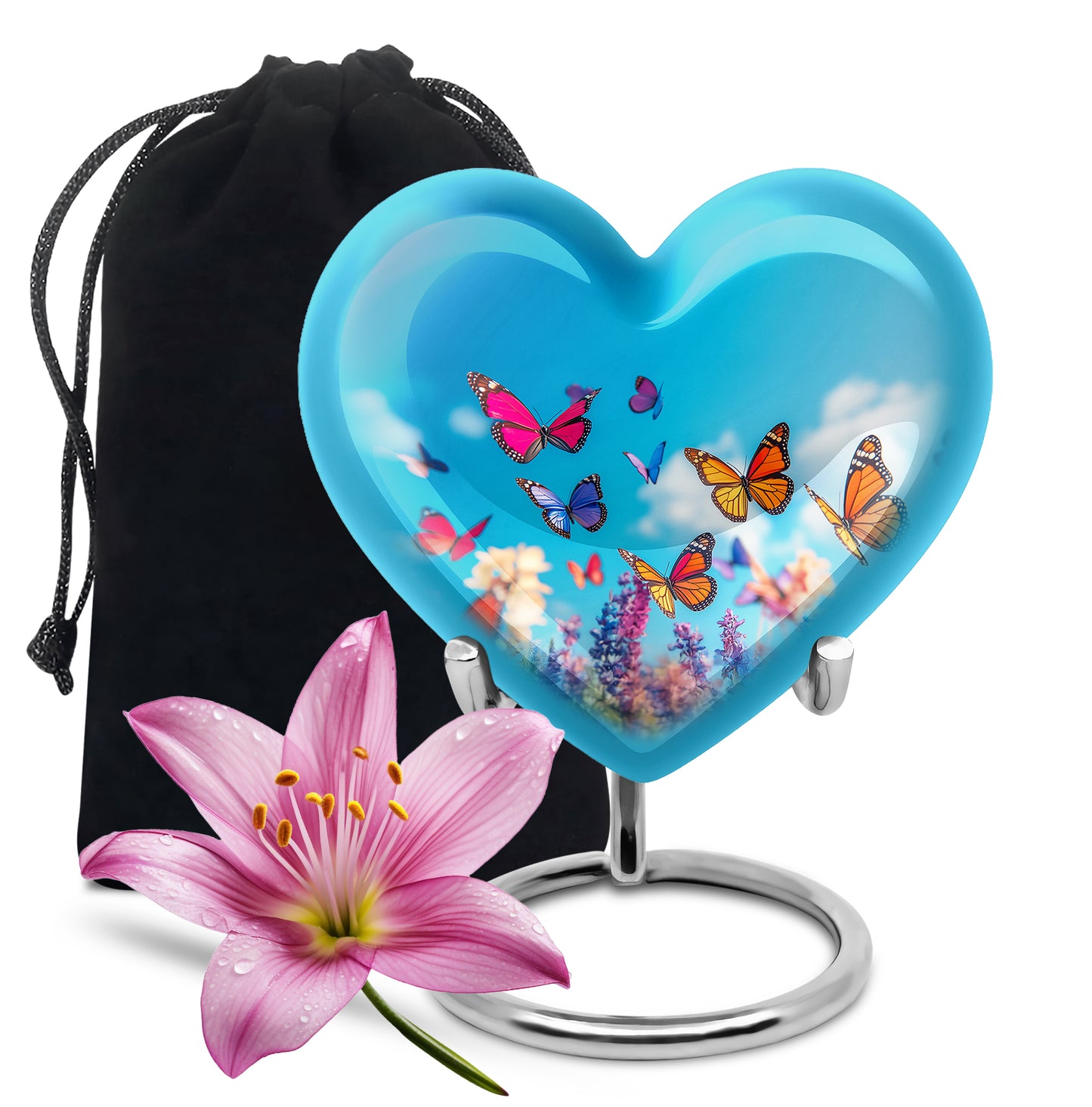 Serene Blue Butterfly Cremation Urn detail view - romantic heart urn with butterfly motif on aluminum - full-size 10 inch 200 cubic inch adult cremation urn