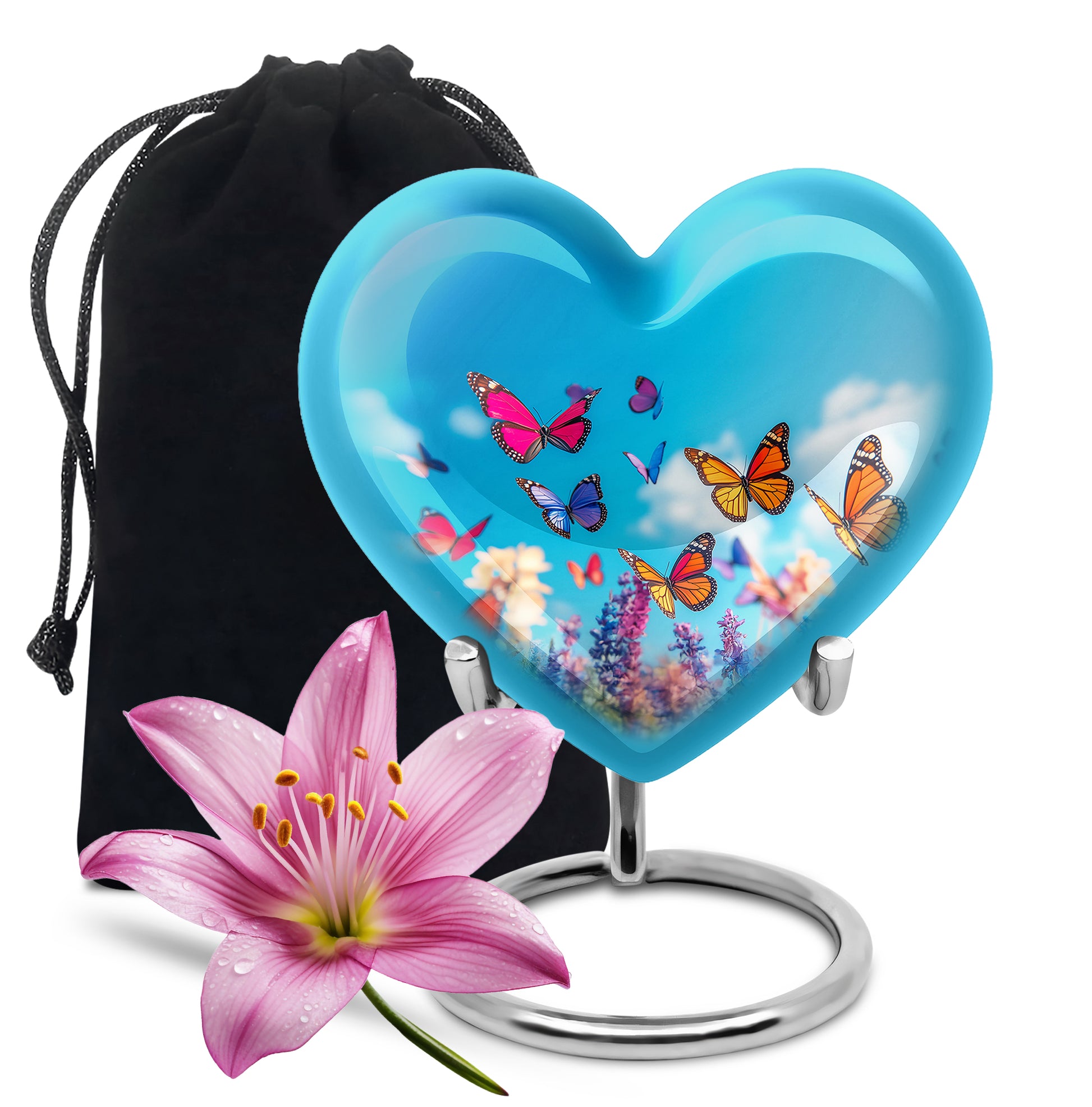 Serene Blue Butterfly Cremation Urn detail view - romantic heart urn with butterfly motif on aluminum - full-size 10 inch 200 cubic inch adult cremation urn