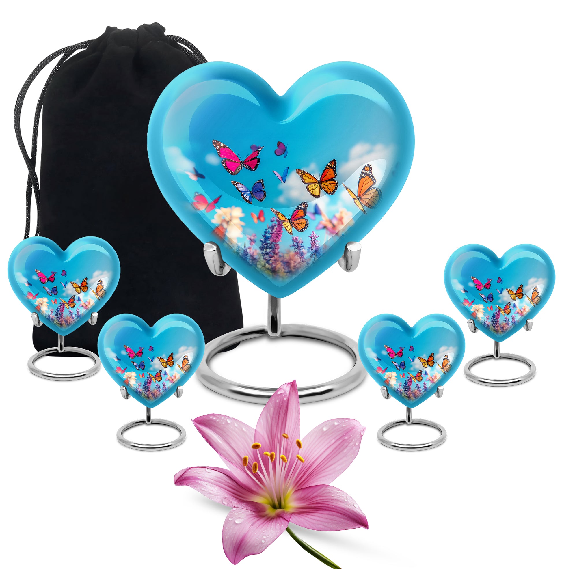 Dusty Blue Butterfly Cremation Urn close-up of engraving and surface detail - loving heart memorial featuring butterfly pattern - memorial set with one large and four small urns