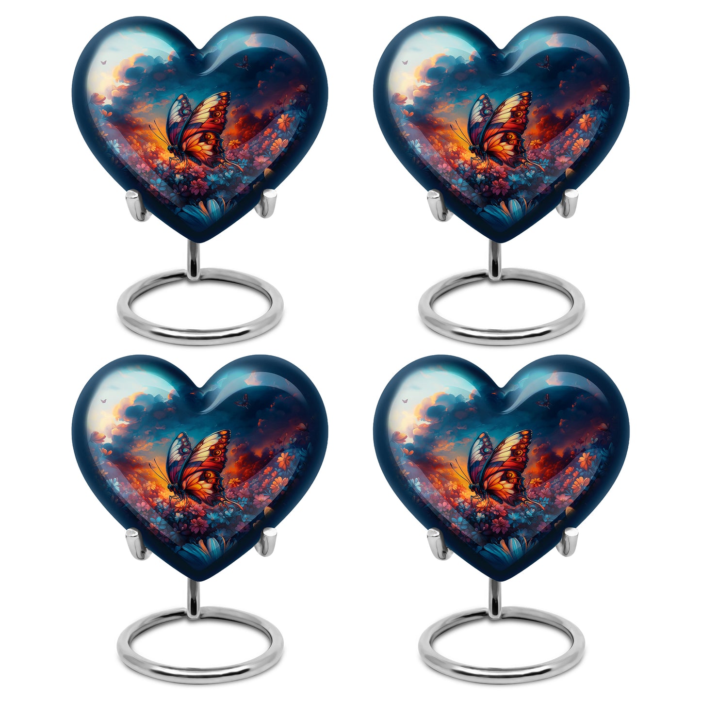 Indigo Butterfly Cremation Urn angled view of lid and engraved motif - heart-shaped butterfly design symbolizing eternal love - 10 inch aluminum urn for cremated remains