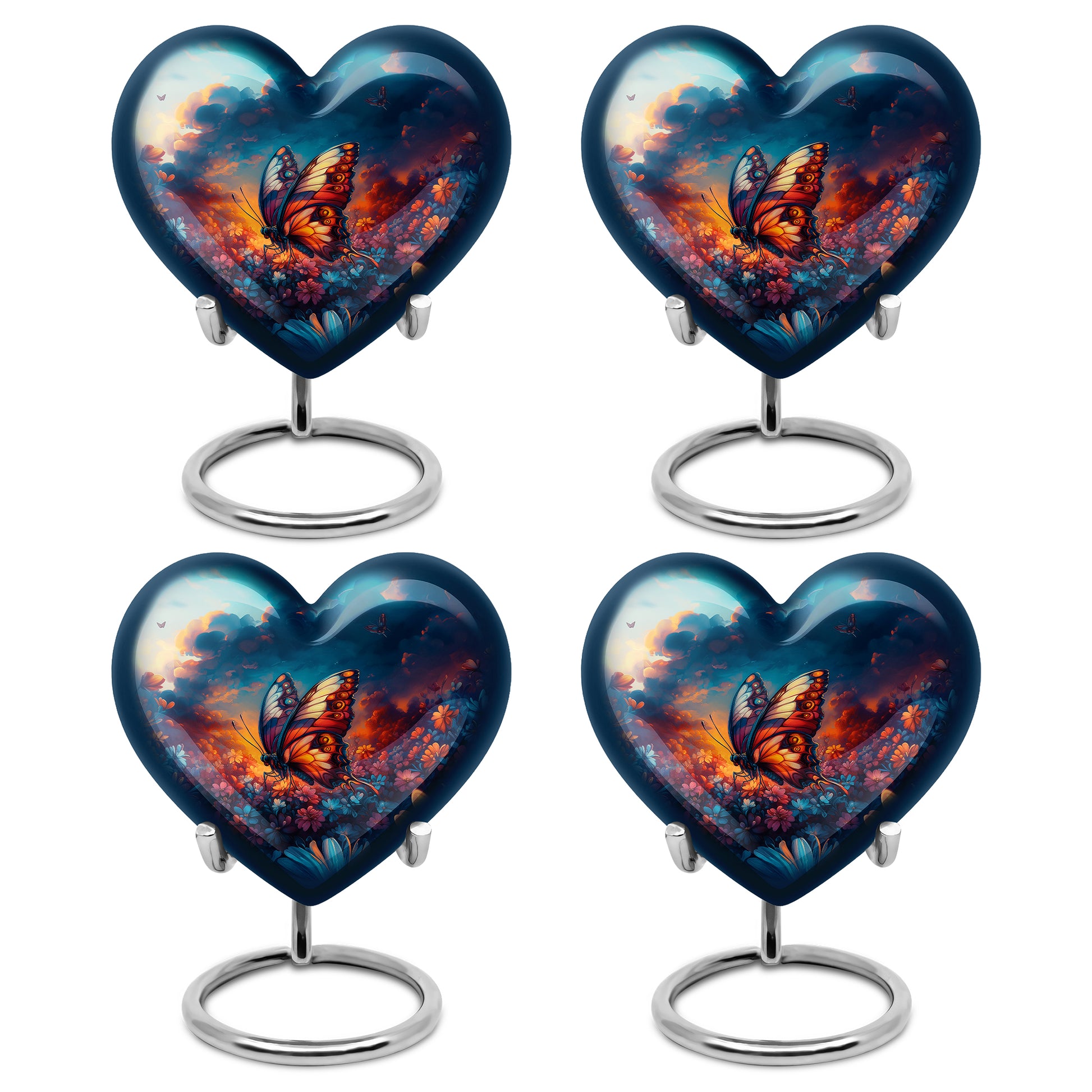 Indigo Butterfly Cremation Urn angled view of lid and engraved motif - heart-shaped butterfly design symbolizing eternal love - 10 inch aluminum urn for cremated remains