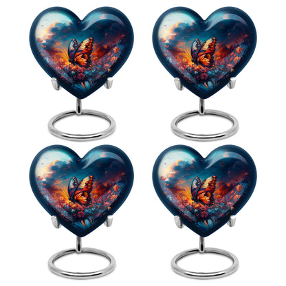 Indigo Butterfly Cremation Urn angled view of lid and engraved motif - heart-shaped butterfly design symbolizing eternal love - 10 inch aluminum urn for cremated remains