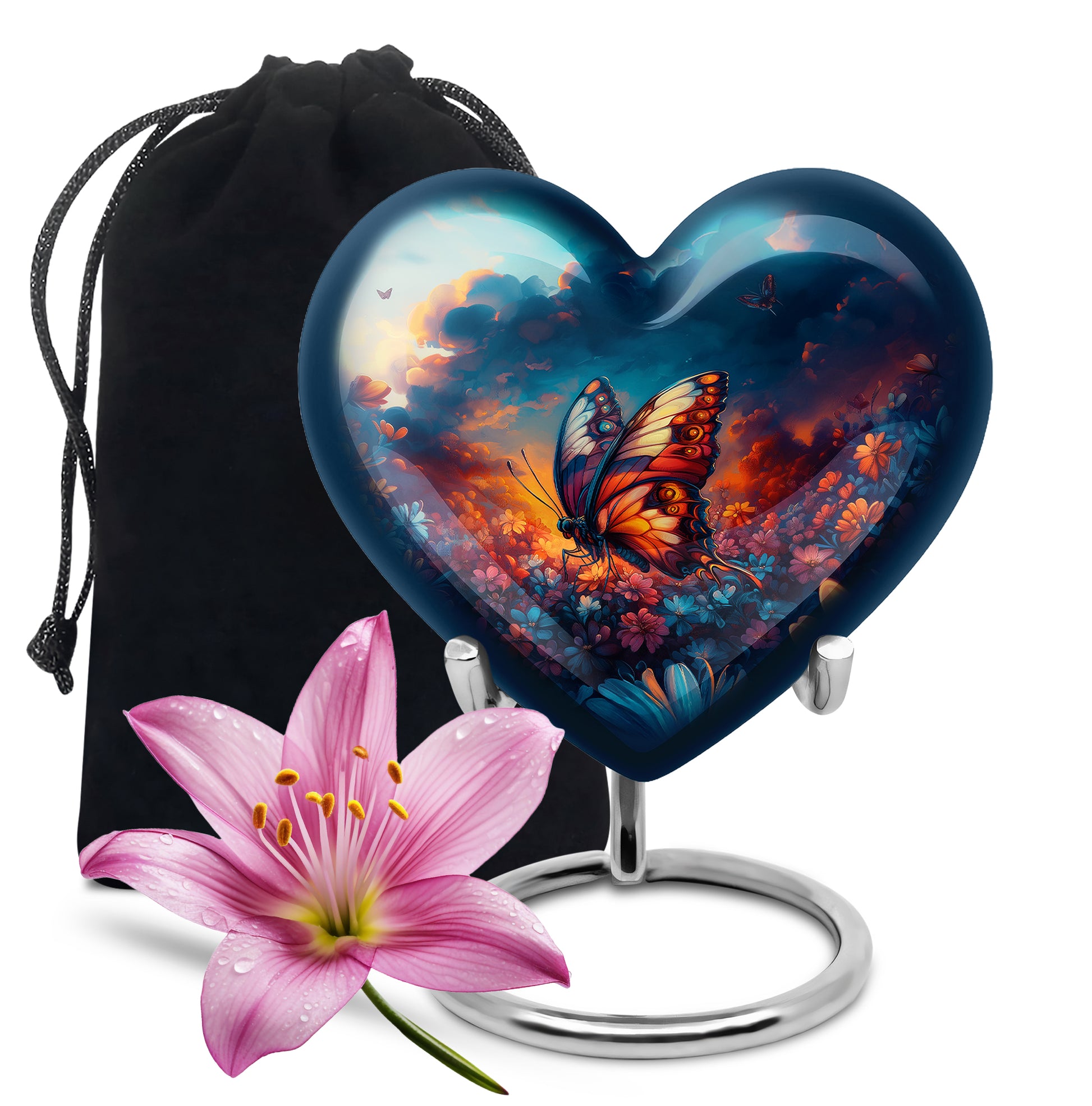 Bright Blue Butterfly Cremation Urn detail view - compassionate heart-butterfly combination with gentle curves - full-size 10 inch 200 cubic inch adult cremation urn