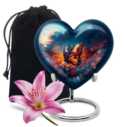 Bright Blue Butterfly Cremation Urn detail view - compassionate heart-butterfly combination with gentle curves - full-size 10 inch 200 cubic inch adult cremation urn