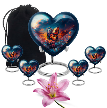 Slate Blue Butterfly Cremation Urn close-up of engraving and surface detail - loving heart memorial featuring butterfly pattern - memorial set with one large and four small urns