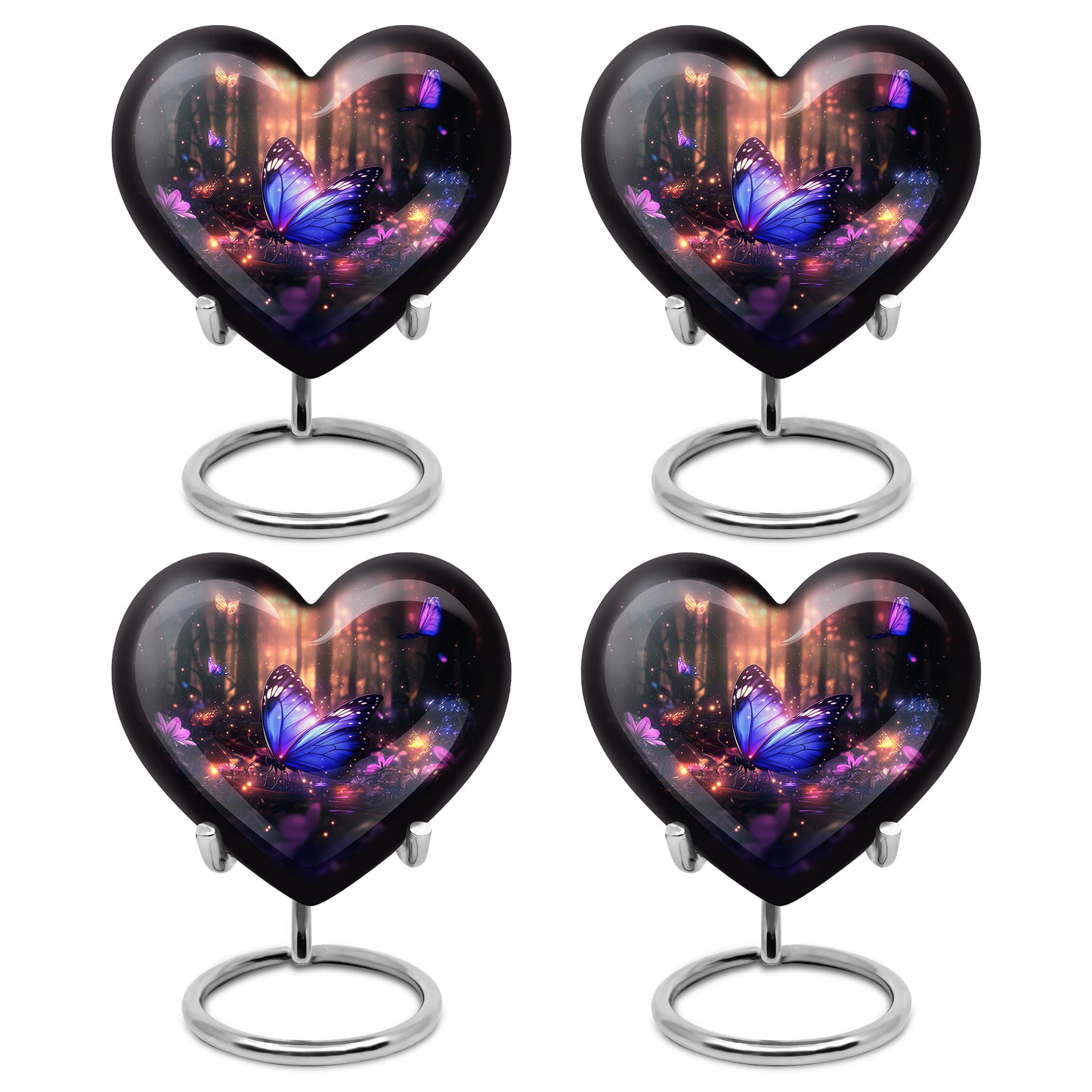 Midnight Black Butterfly Cremation Urn angled view of lid and engraved motif - romantic heart urn with butterfly motif on aluminum - 10 inch aluminum urn for cremated remains