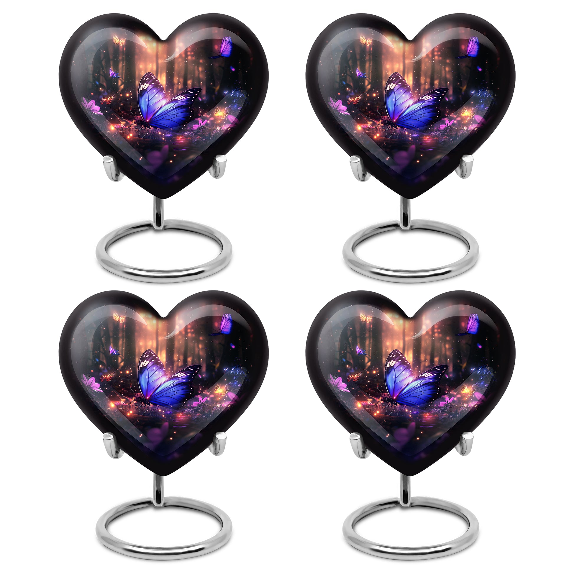 Midnight Black Butterfly Cremation Urn angled view of lid and engraved motif - romantic heart urn with butterfly motif on aluminum - 10 inch aluminum urn for cremated remains