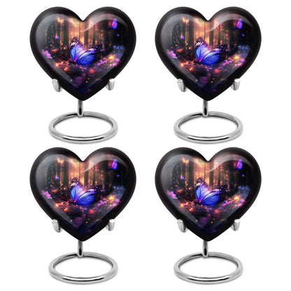 Midnight Black Butterfly Cremation Urn angled view of lid and engraved motif - romantic heart urn with butterfly motif on aluminum - 10 inch aluminum urn for cremated remains