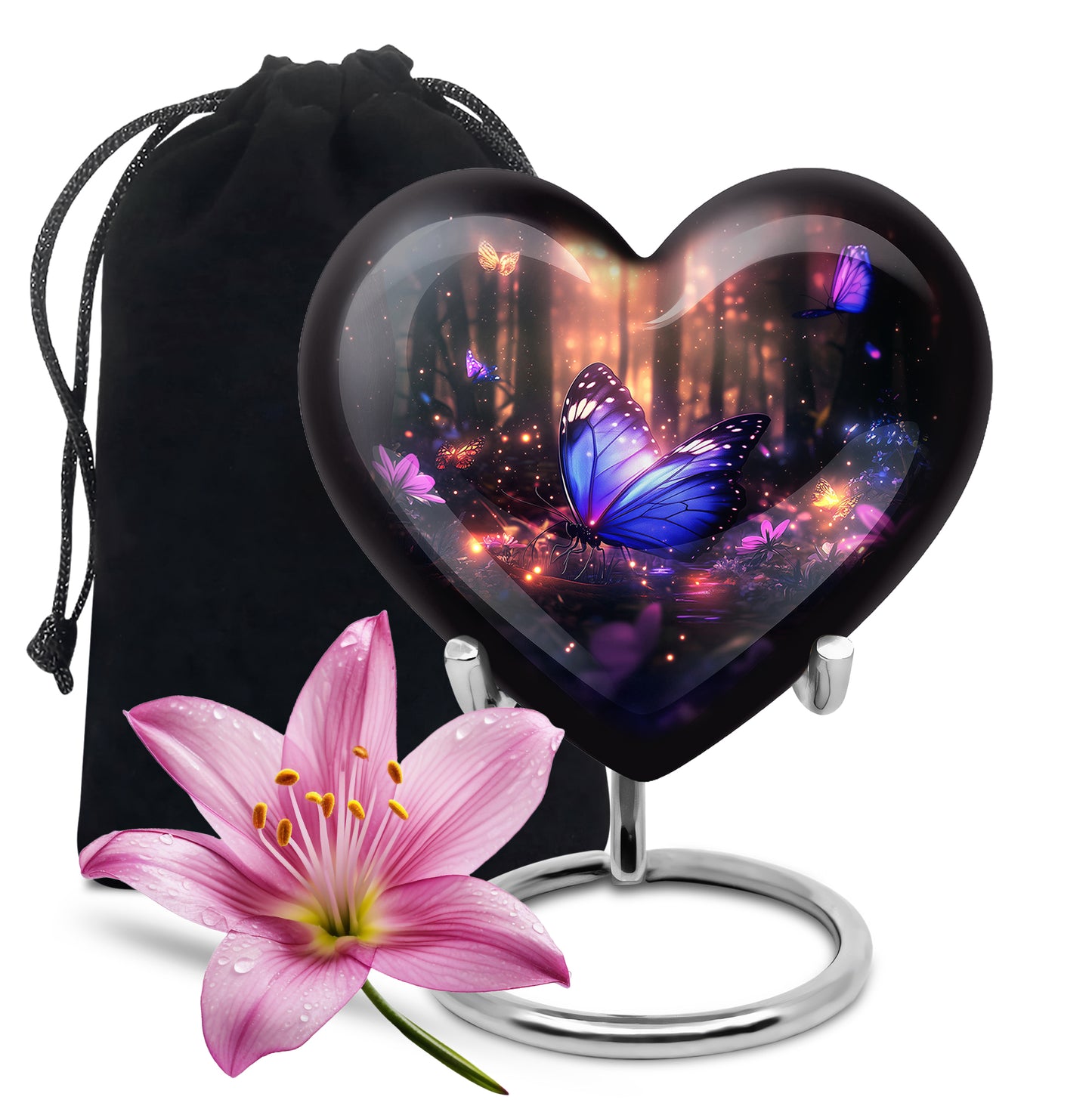 Rich Black Butterfly Cremation Urn detail view - heart-shaped butterfly design symbolizing eternal love - full-size 10 inch 200 cubic inch adult cremation urn