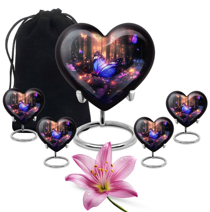 Rich Black Butterfly Cremation Urn close-up of engraving and surface detail - loving heart memorial featuring butterfly pattern - memorial set with one large and four small urns