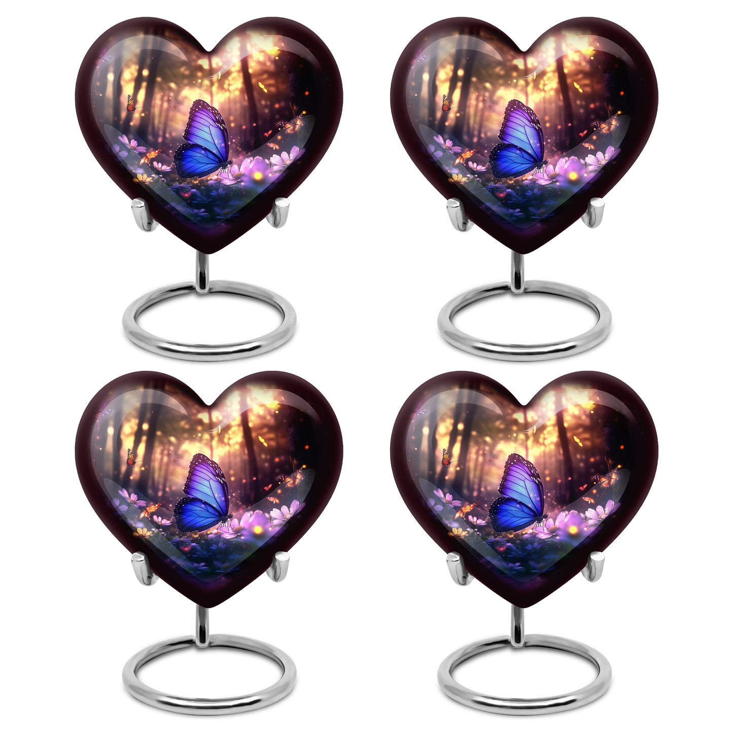 Glossy Black Butterfly Cremation Urn angled view of lid and engraved motif - loving heart memorial featuring butterfly pattern - 10 inch aluminum urn for cremated remains