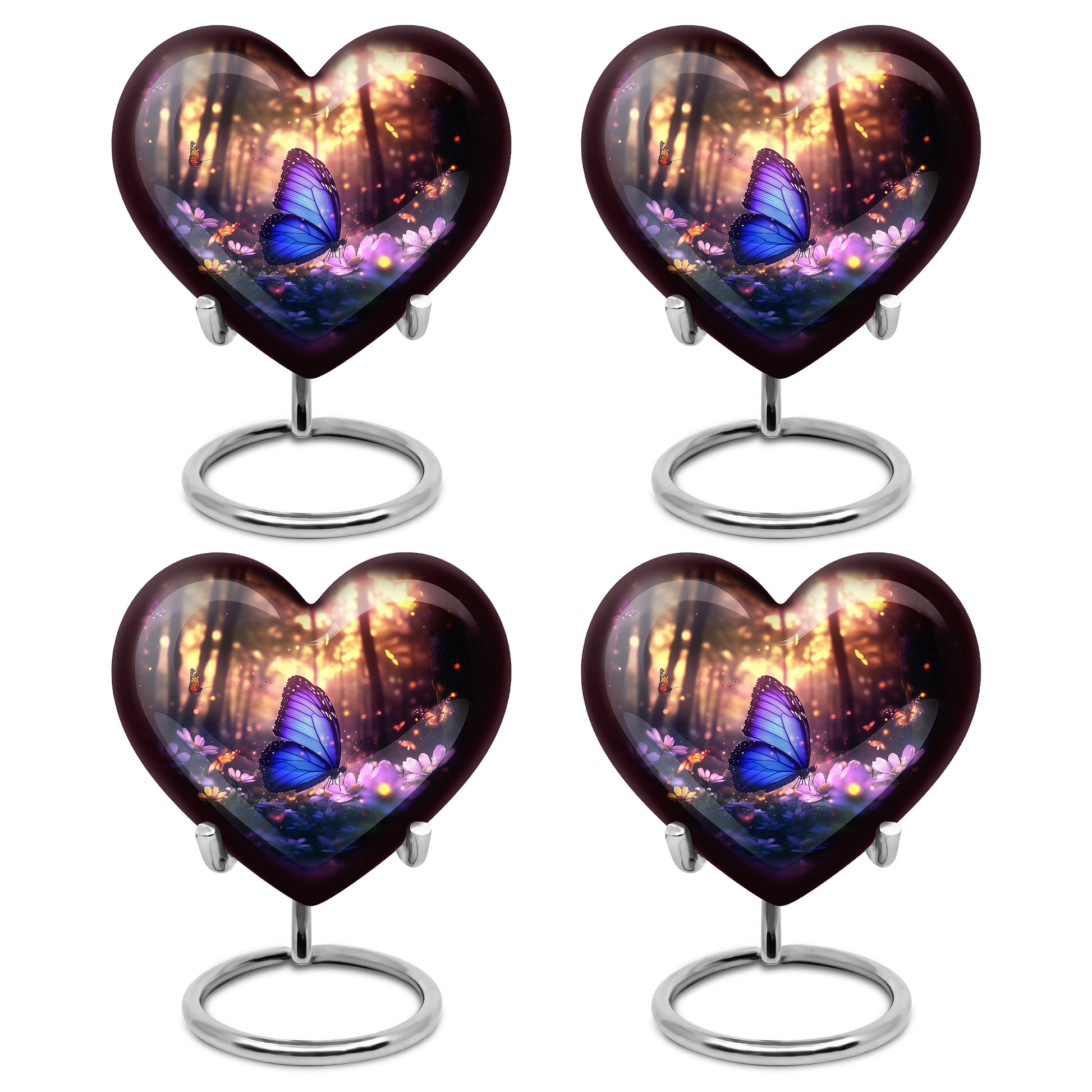 Glossy Black Butterfly Cremation Urn angled view of lid and engraved motif - loving heart memorial featuring butterfly pattern - 10 inch aluminum urn for cremated remains
