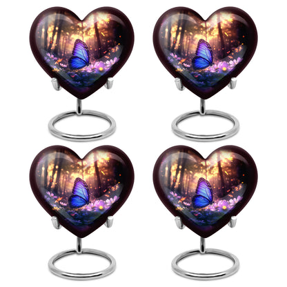 Glossy Black Butterfly Cremation Urn angled view of lid and engraved motif - loving heart memorial featuring butterfly pattern - 10 inch aluminum urn for cremated remains
