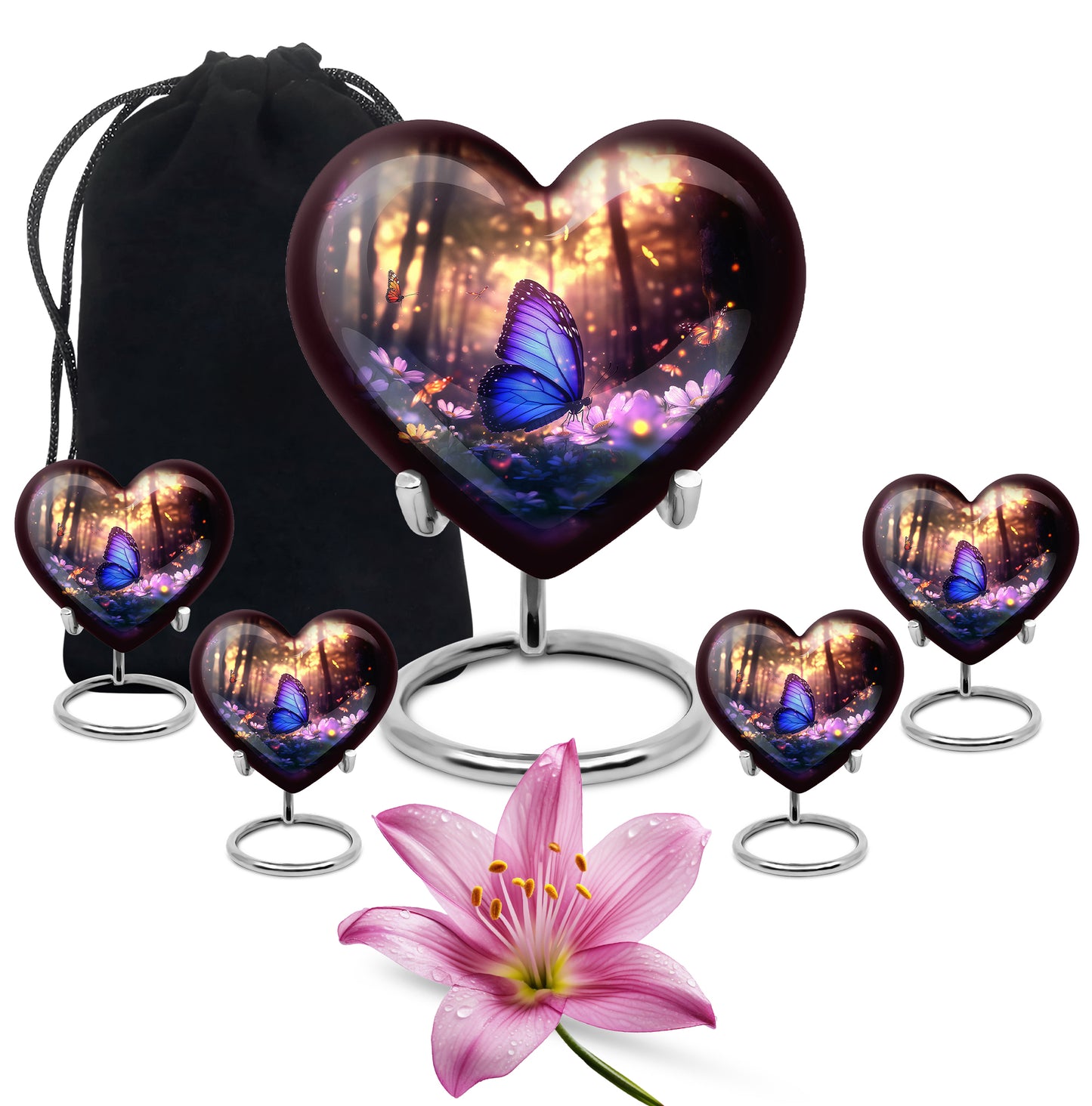 Deep Black Butterfly Cremation Urn close-up of engraving and surface detail - loving heart memorial featuring butterfly pattern - memorial set with one large and four small urns