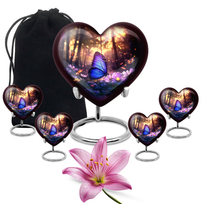 Deep Black Butterfly Cremation Urn close-up of engraving and surface detail - loving heart memorial featuring butterfly pattern - memorial set with one large and four small urns