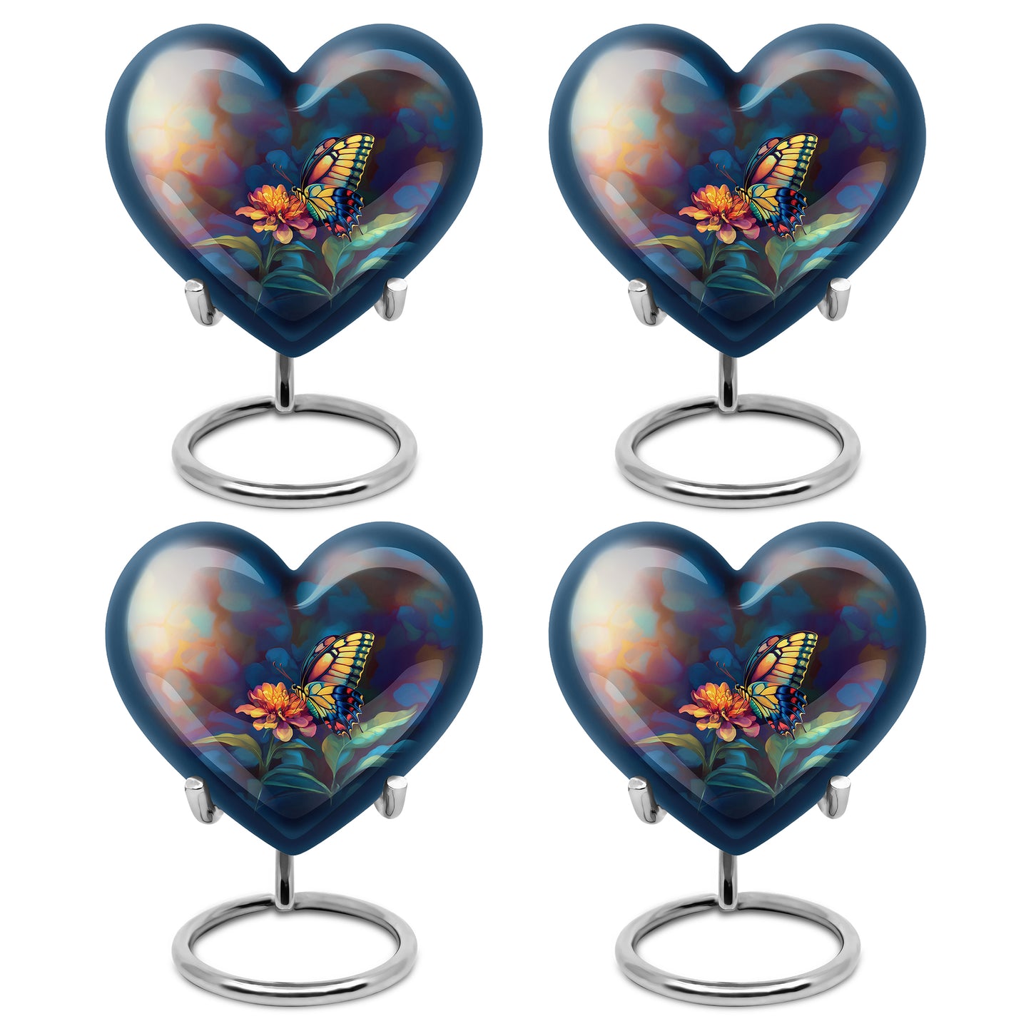 Obsidian Black Butterfly Cremation Urn angled view of lid and engraved motif - compassionate heart-butterfly combination with gentle curves - 10 inch aluminum urn for cremated remains