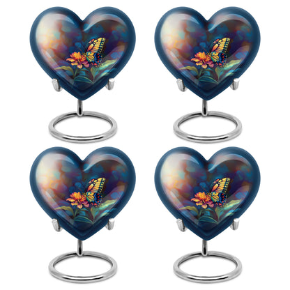 Obsidian Black Butterfly Cremation Urn angled view of lid and engraved motif - compassionate heart-butterfly combination with gentle curves - 10 inch aluminum urn for cremated remains