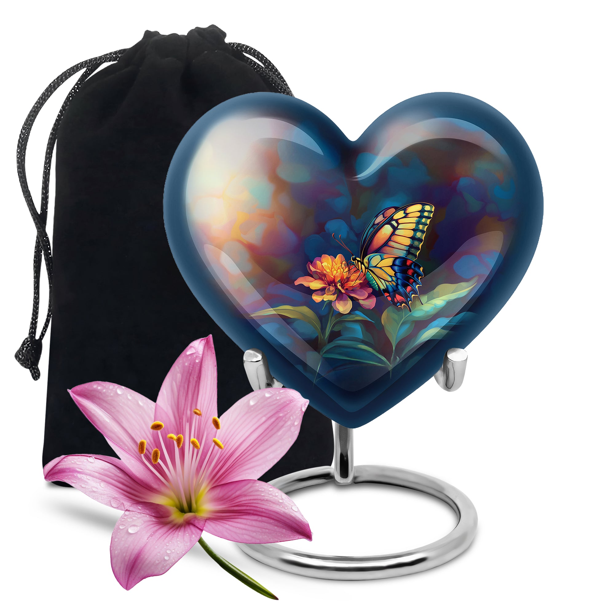 Charcoal Black Butterfly Cremation Urn detail view - romantic heart urn with butterfly motif on aluminum - full-size 10 inch 200 cubic inch adult cremation urn