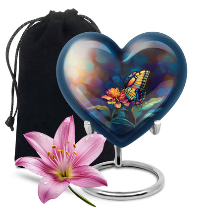 Charcoal Black Butterfly Cremation Urn detail view - romantic heart urn with butterfly motif on aluminum - full-size 10 inch 200 cubic inch adult cremation urn