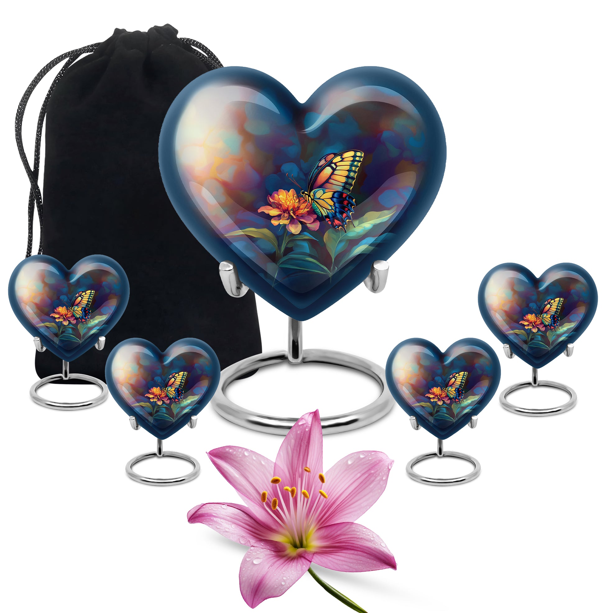Glossy Black Butterfly Cremation Urn close-up of engraving and surface detail - heart-shaped butterfly design symbolizing eternal love - memorial set with one large and four small urns