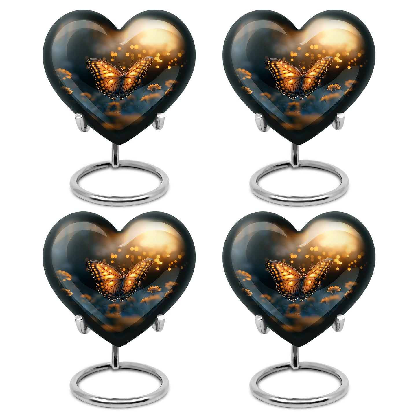 Charcoal Black Butterfly Cremation Urn angled view of lid and engraved motif - compassionate heart-butterfly combination with gentle curves - 10 inch aluminum urn for cremated remains