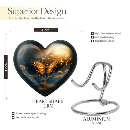 Rich Black Butterfly Cremation Urn front view showing detailed design - heart-shaped butterfly design symbolizing eternal love - mini keepsake memorial for portion of cremation ashes